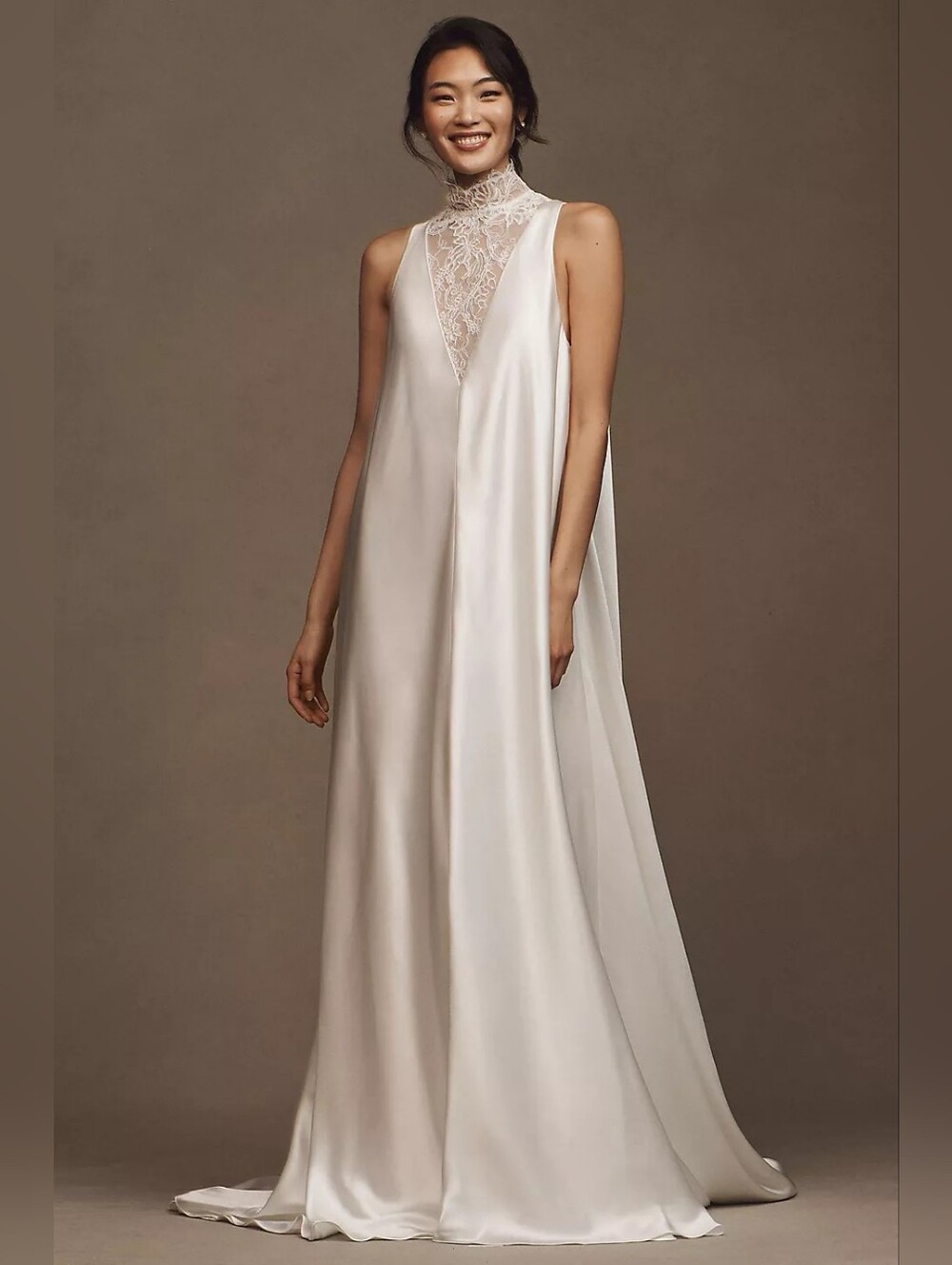 OUMA Thierry High-Neck French Lace & Bias-Cut Satin Wedding Gown